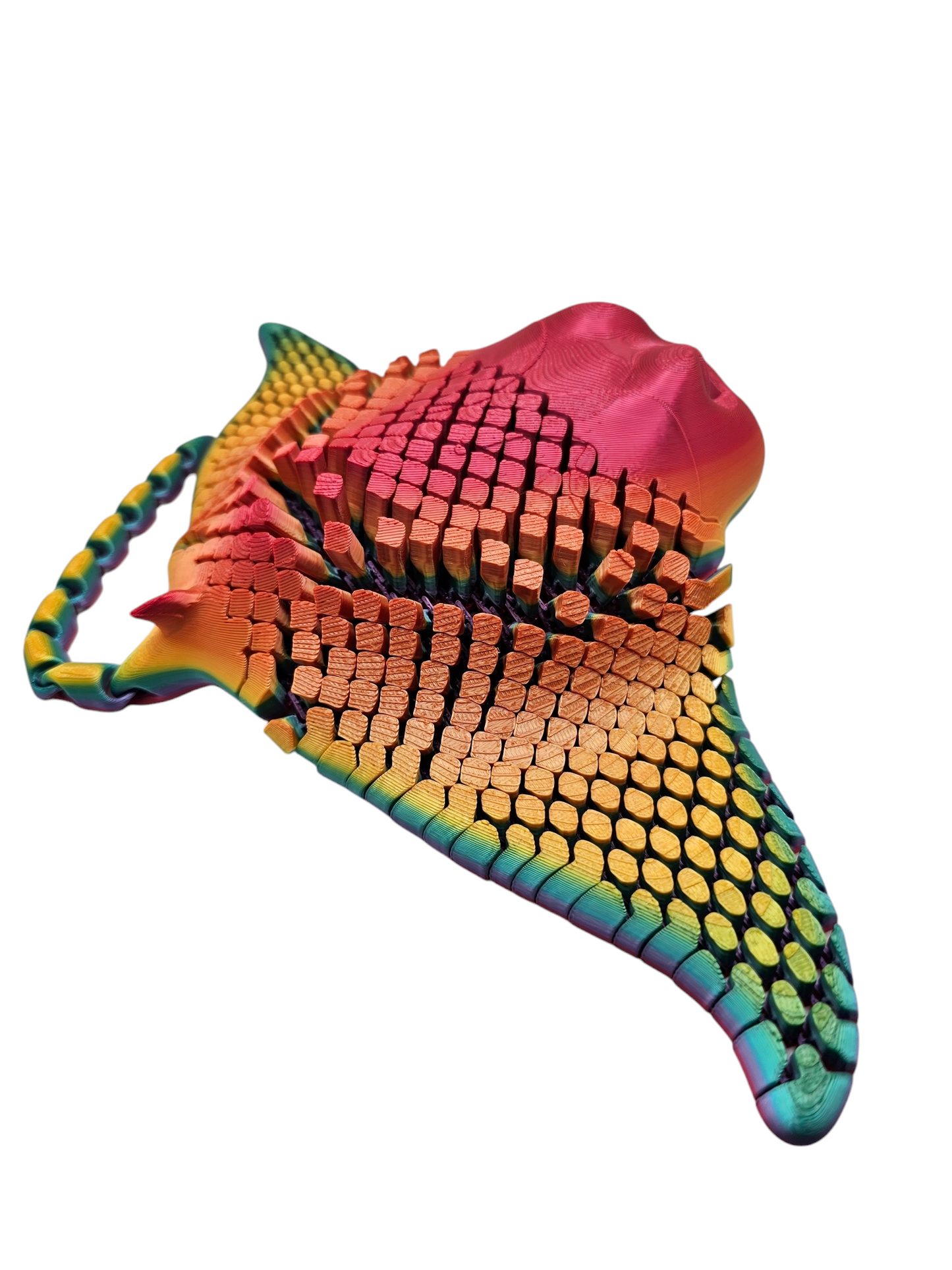 3D printed manta ray with mesh articulated body in a candy rainbow colour