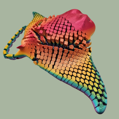 3D printed manta ray with mesh articulated body in a candy rainbow colour