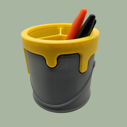 3D printed paint can with handle detail and cartoon style dripping paint in yellow