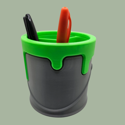 3D printed paint can with handle detail and cartoon style dripping paint in green