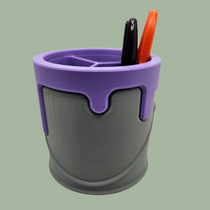 3D printed paint can with handle detail and cartoon style dripping paint in purple