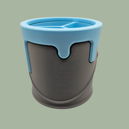 3D printed paint can with handle detail and cartoon style dripping paint in blue