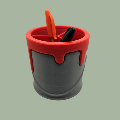 3D printed paint can with handle detail and cartoon style dripping paint in red