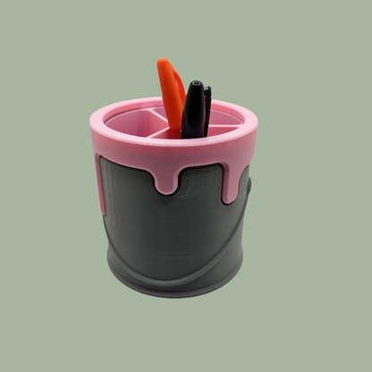 3D printed paint can with handle detail and cartoon style dripping paint in pink