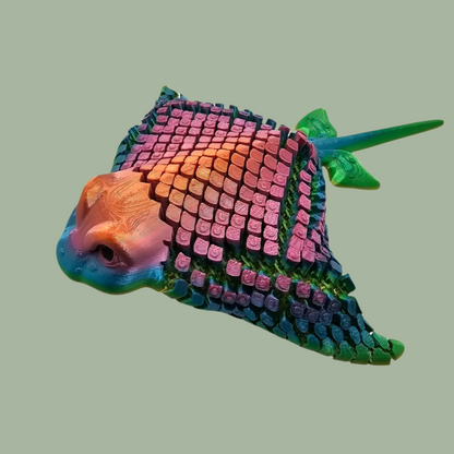 3D printed stingray with mesh articulated body, in a candy rainbow colour