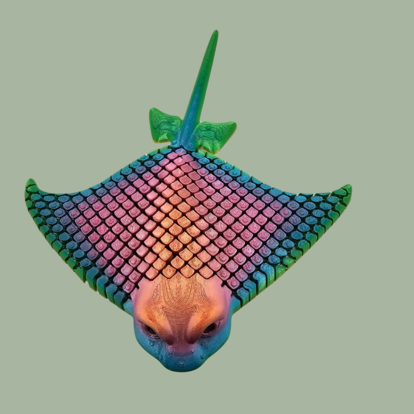 3D printed stingray with mesh articulated body, in a candy rainbow colour