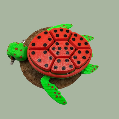 3D printed fruit turtle clicker, with 7 buttons, flexi flippers, in the style of a watermelon