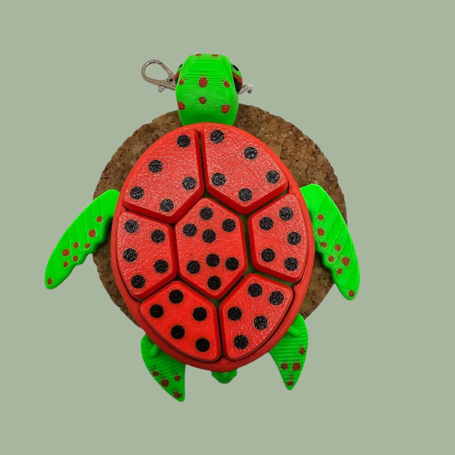 3D printed fruit turtle clicker, with 7 buttons, flexi flippers, in the style of a watermelon