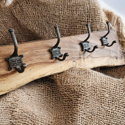 Live edge oak coat hook with Union Jack style hooks