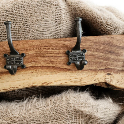 Live edge oak coat hook with Union Jack style hooks