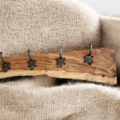 Live edge oak coat hook with Union Jack style hooks