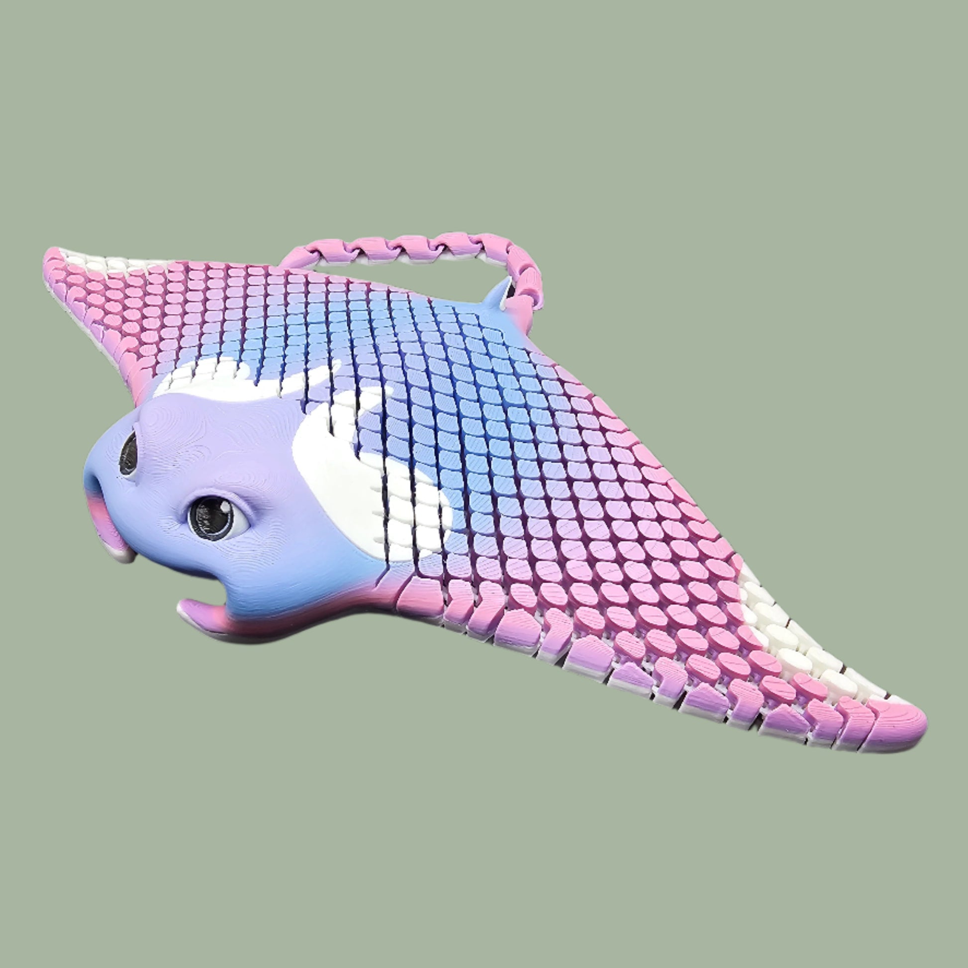 3D printed manta ray with mesh articulated body in a pink and lilac  colour