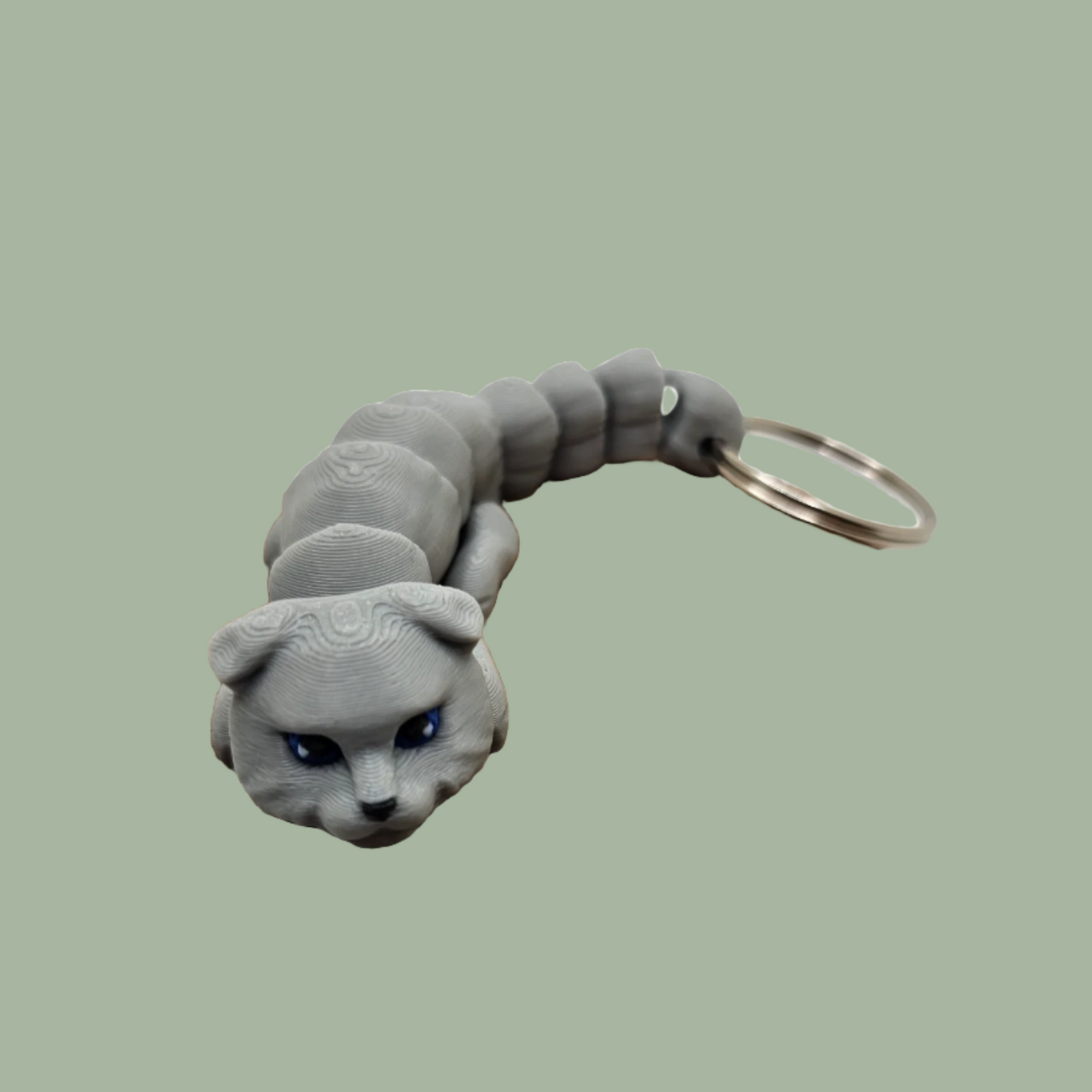 Grey articulated cat keyring with folded ears, Scottish Fold style